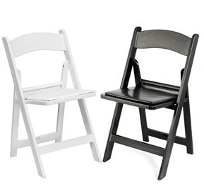 White and black padded folding chairs for rent near Milwaukee